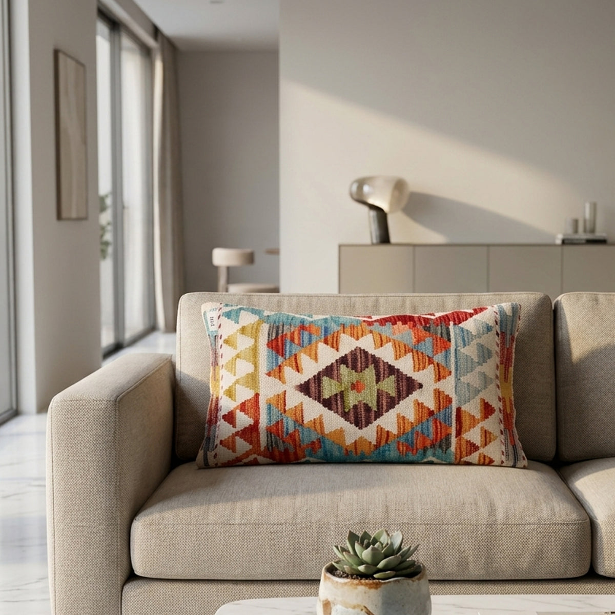 Turquoise kilim cushion cover with multicolor geometric diamond pattern, 35 x 55 cm