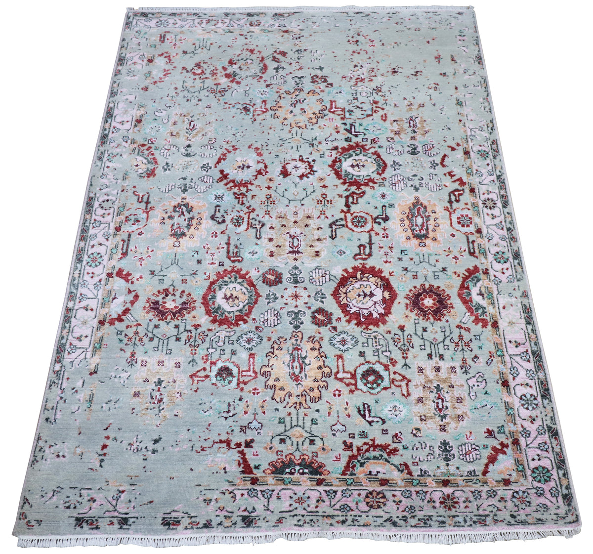 Oushak rug in light blue-gray with red and navy medallion motifs and ornate border