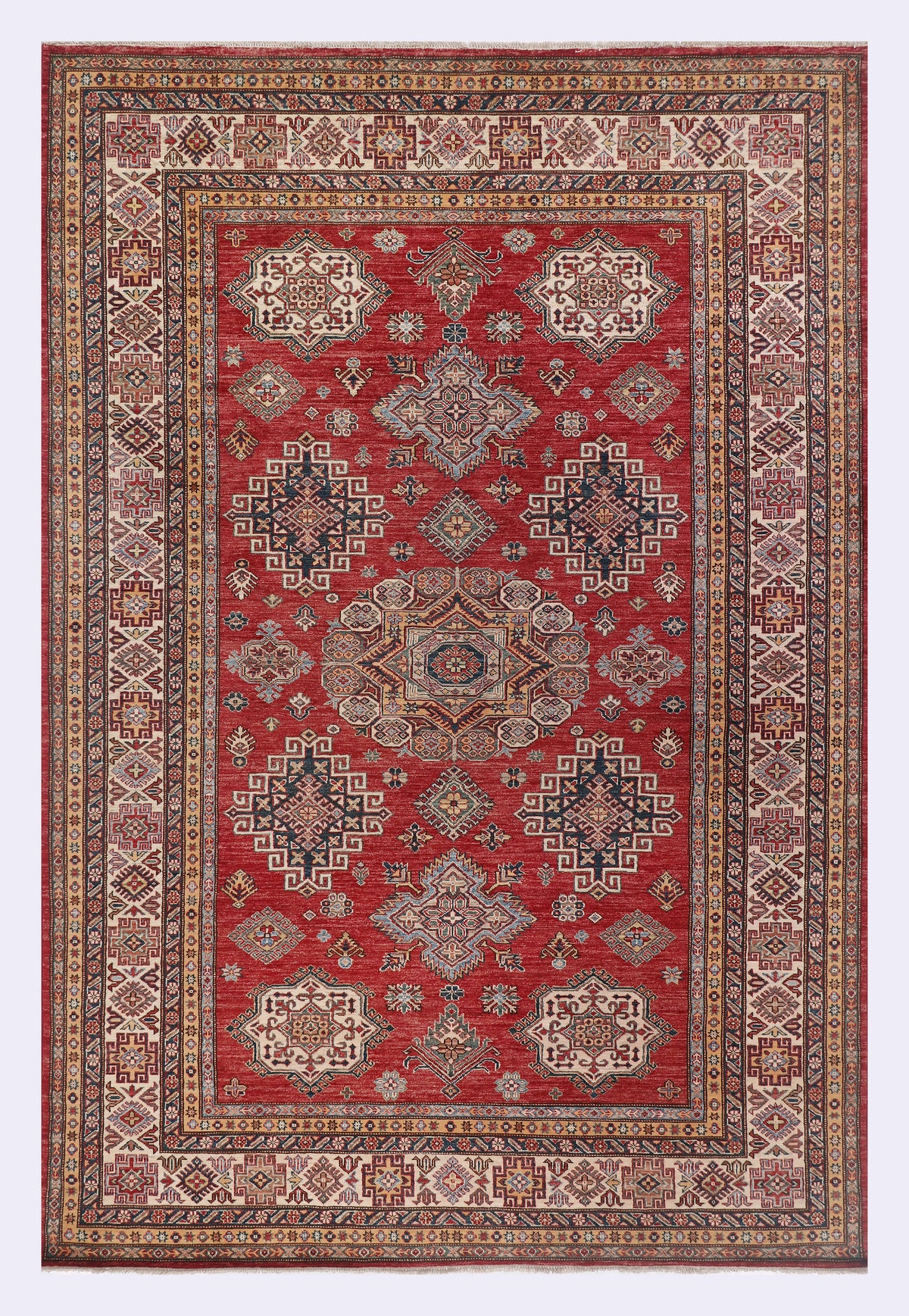 Red ornate geometric rug with decorative border, rectangular, 306x205 cm