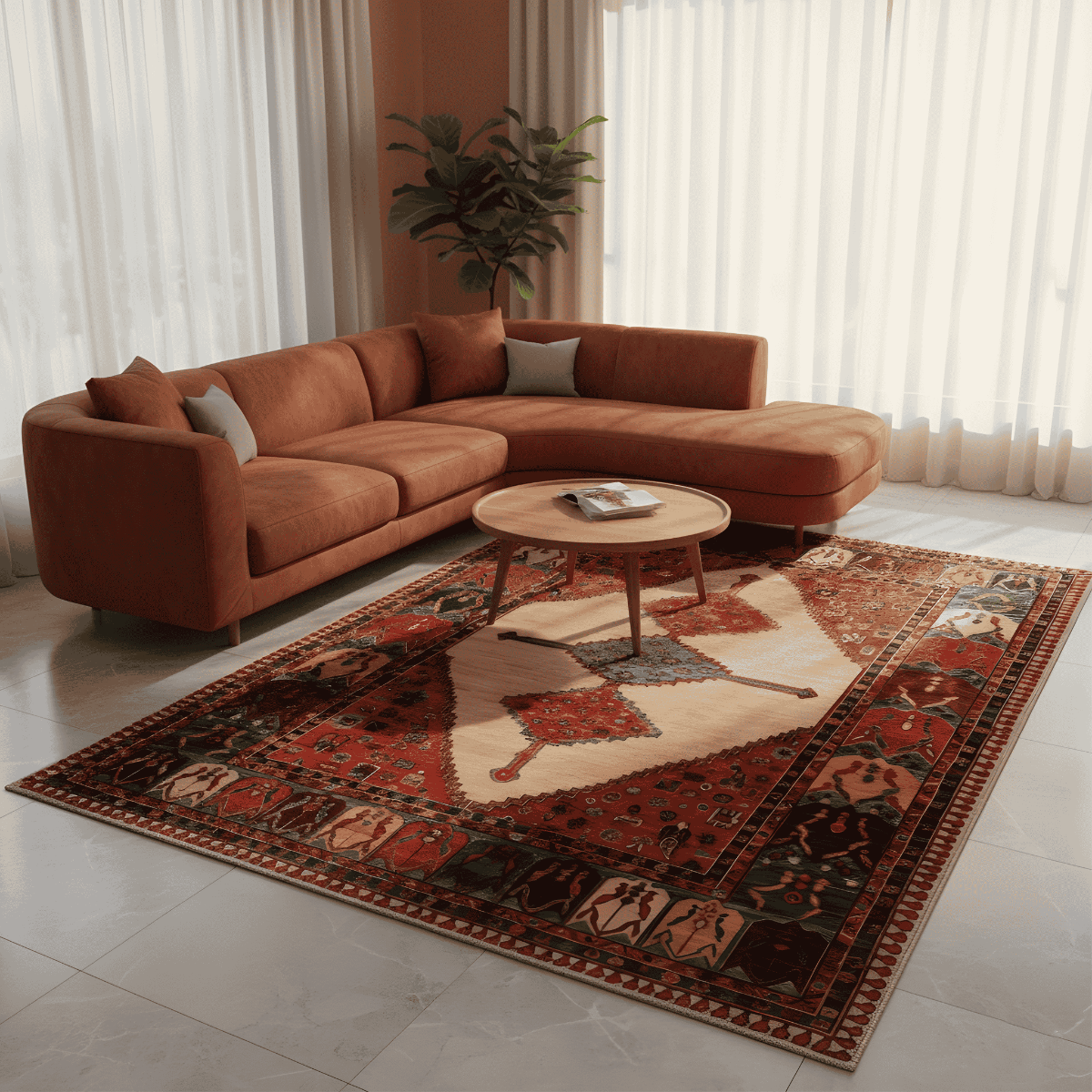 Persian-style area rug on tile floor with cream medallion, red border, and blue accents.