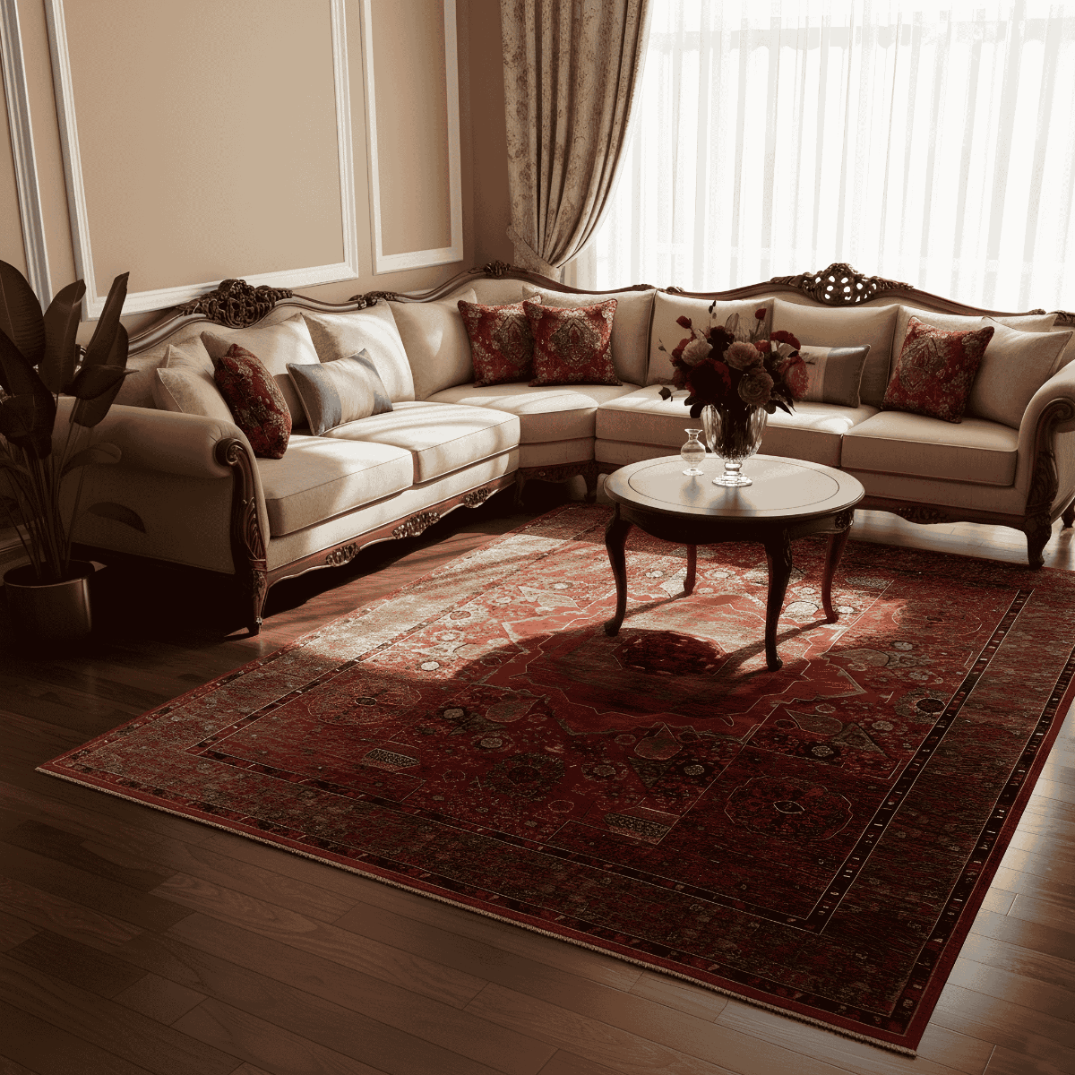 Mamluk rug with red distressed look, central medallion, and ornate corner details