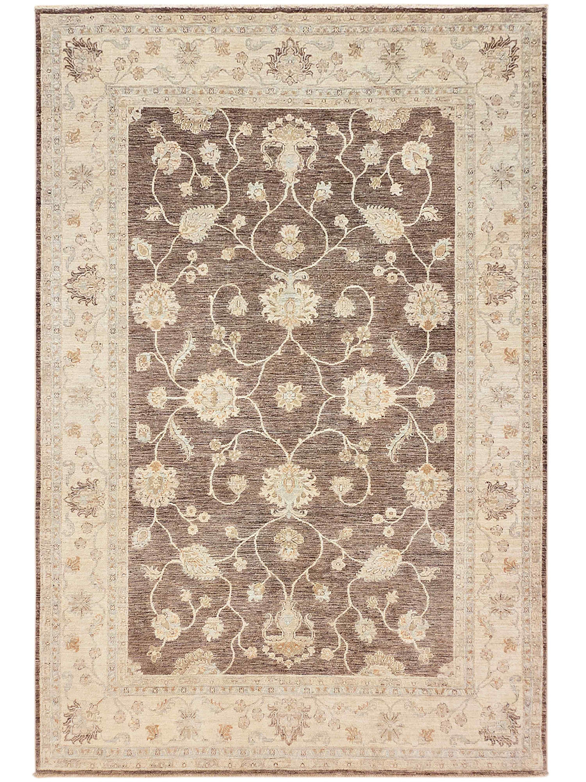 Beige Afghan rug with dark central panel, light floral vines, and ornate border