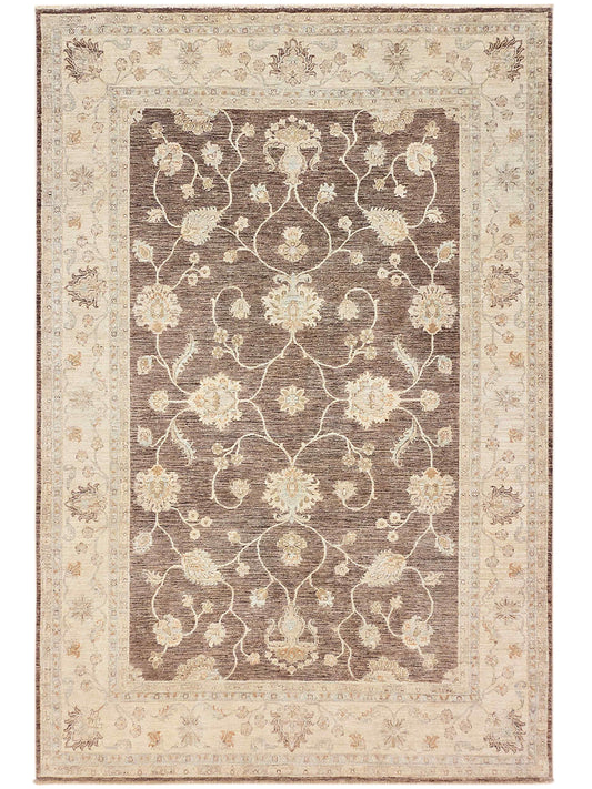 Beige Afghan rug with dark central panel, light floral vines, and ornate border