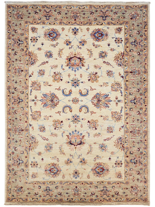 Cream rug with symmetrical center medallion and corner motifs; multicolor detailed border