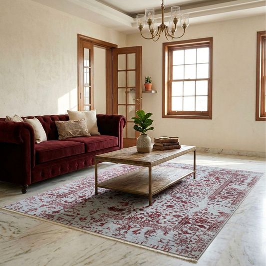 Red and light gray ornate area rug with distressed motifs, laid flat on the floor