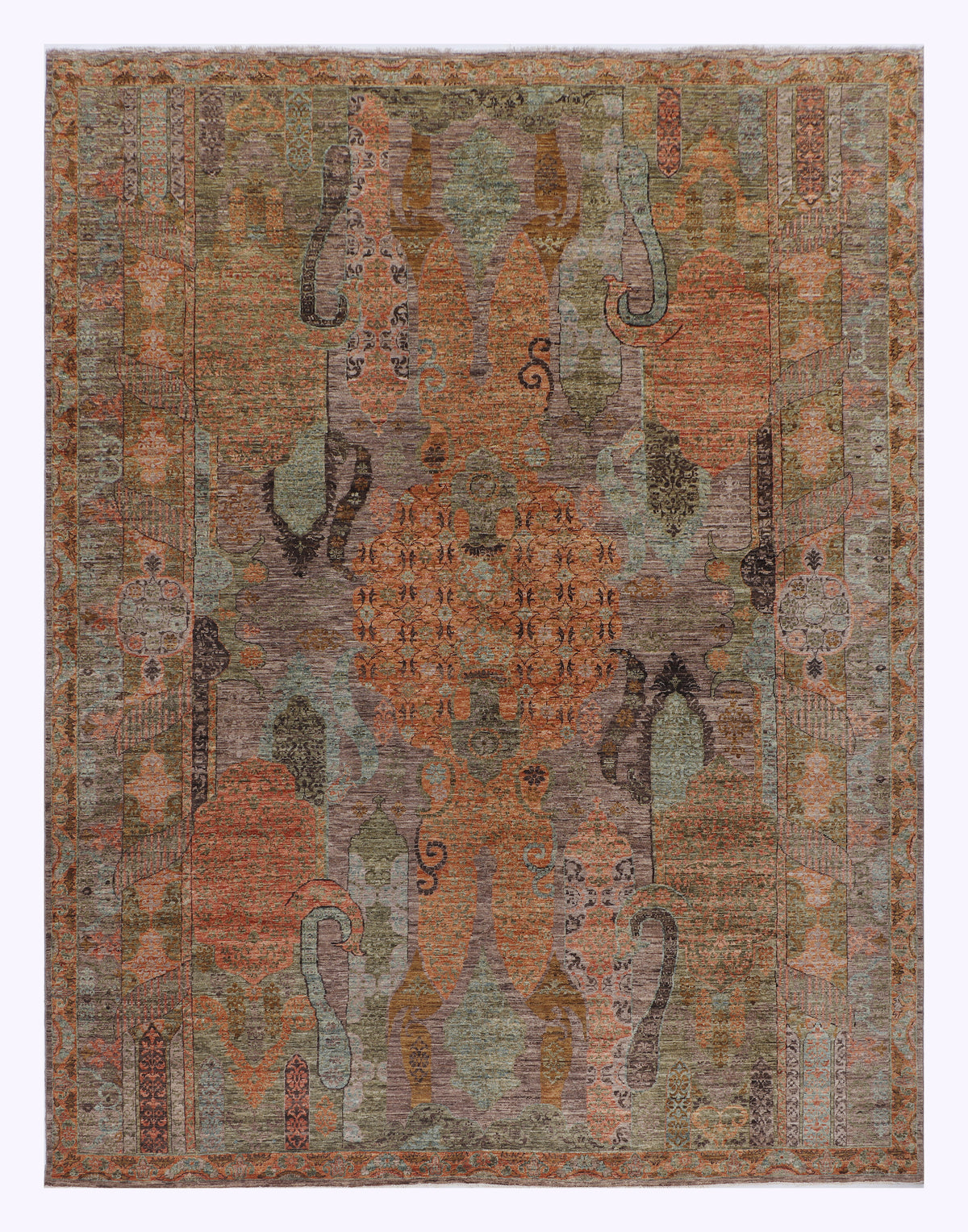 Designer area rug with distressed olive and rust ornate medallion pattern