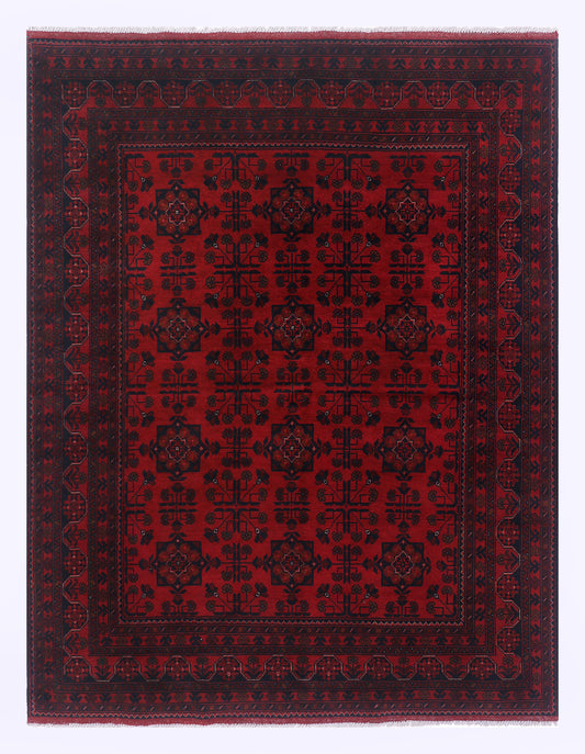 Red area rug, 228x173 cm, dark geometric medallion and patterned border