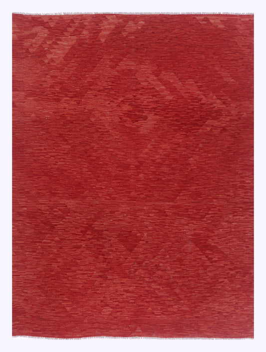 Red kilim rug, 242x179 cm, flatwoven geometric pattern with border