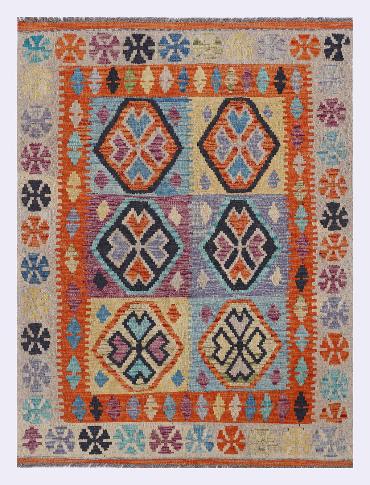 Orange kilim rug, geometric pattern, rectangular 146x109 cm