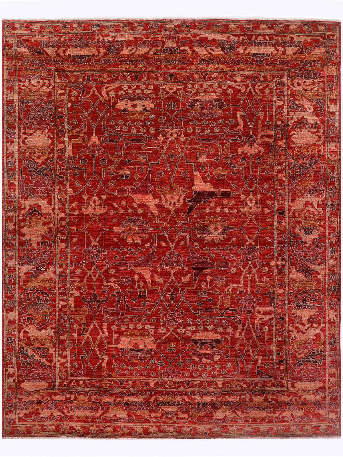 Vintage Khyber rug with red field, ornate geometric motifs, bordered design.