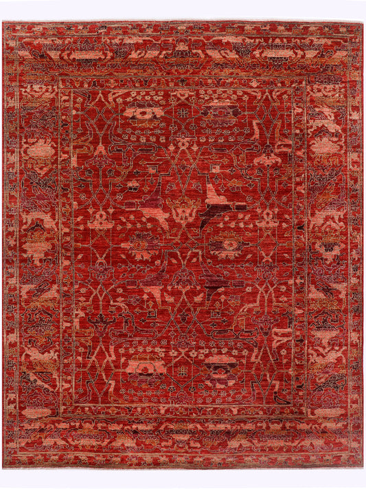 Vintage Khyber rug with red field, ornate geometric motifs, bordered design.