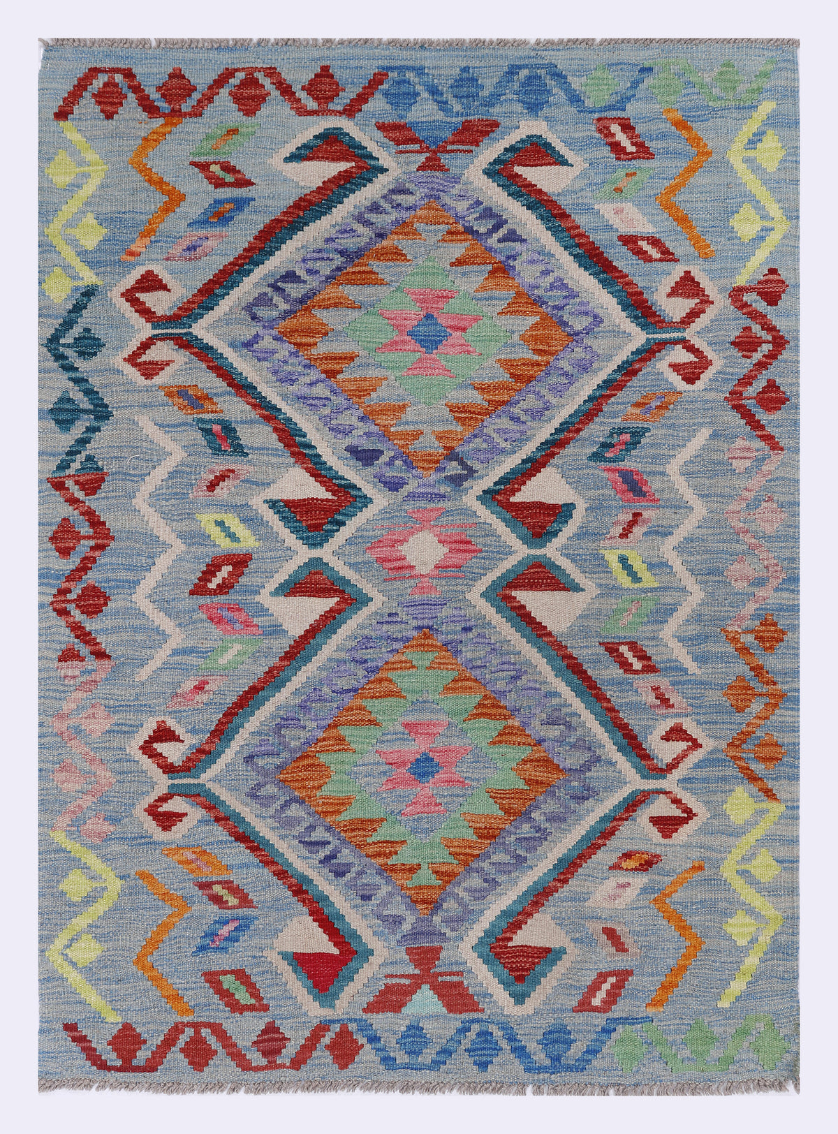 Blue kilim rug with multicolor geometric diamond and zigzag pattern, flatwoven.