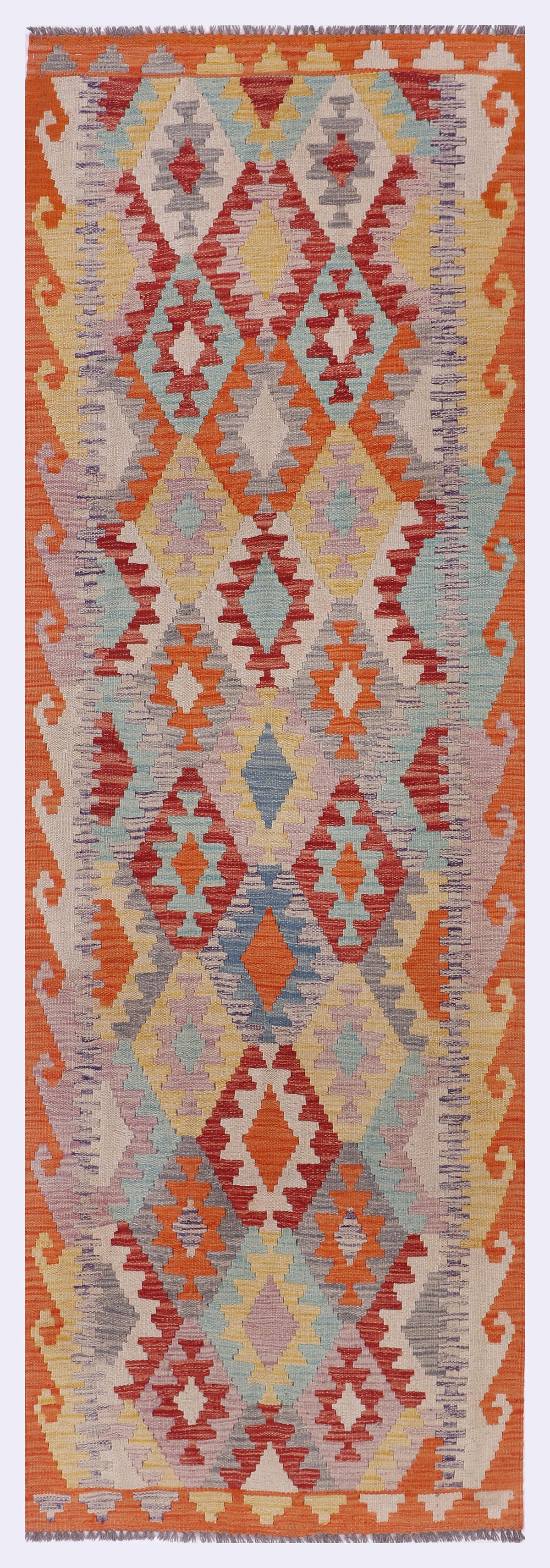 Orange kilim rug with multicolor diamond and triangle geometric pattern