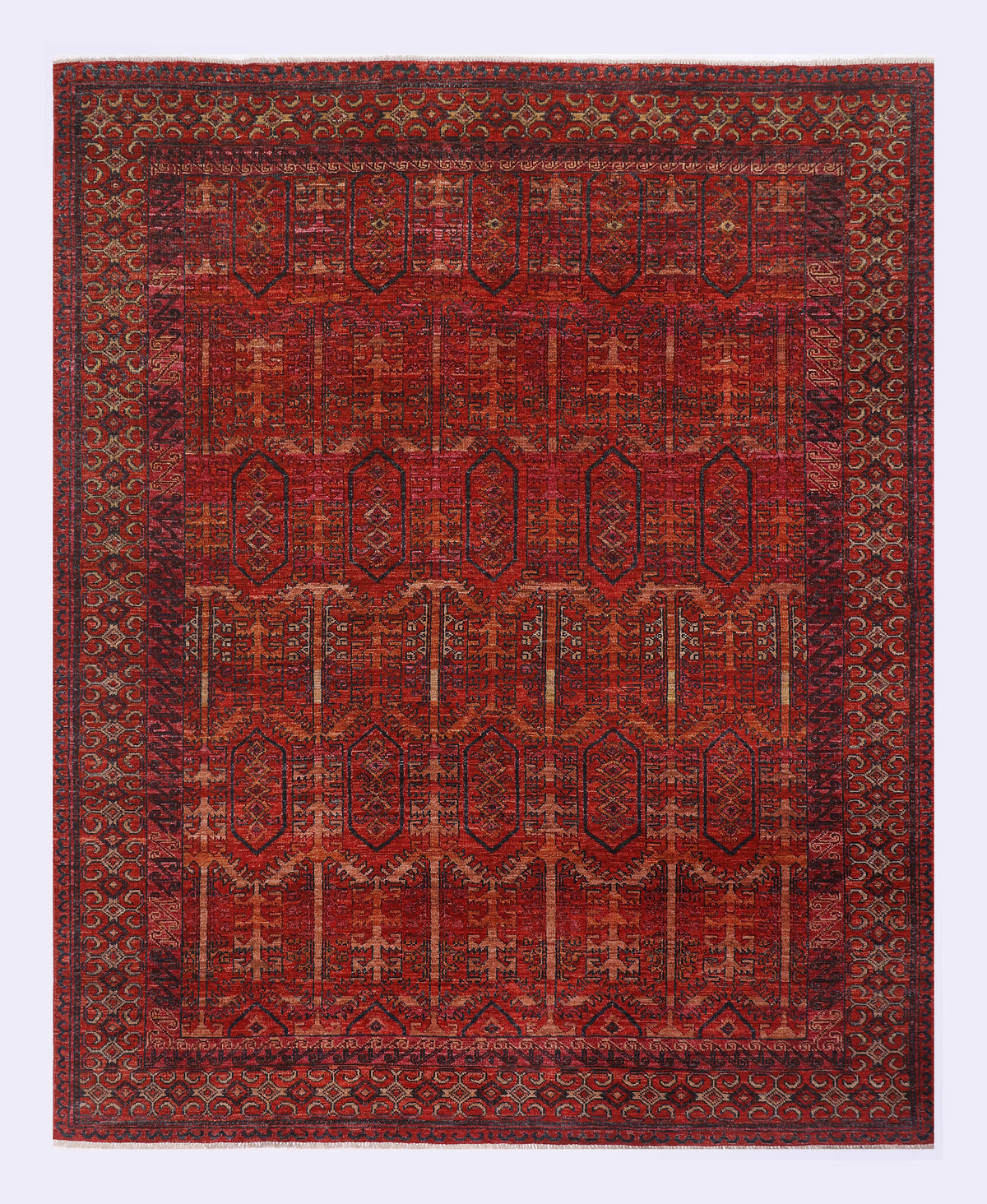 Afghan red rug, rectangular with geometric pattern and border, 312x251 cm