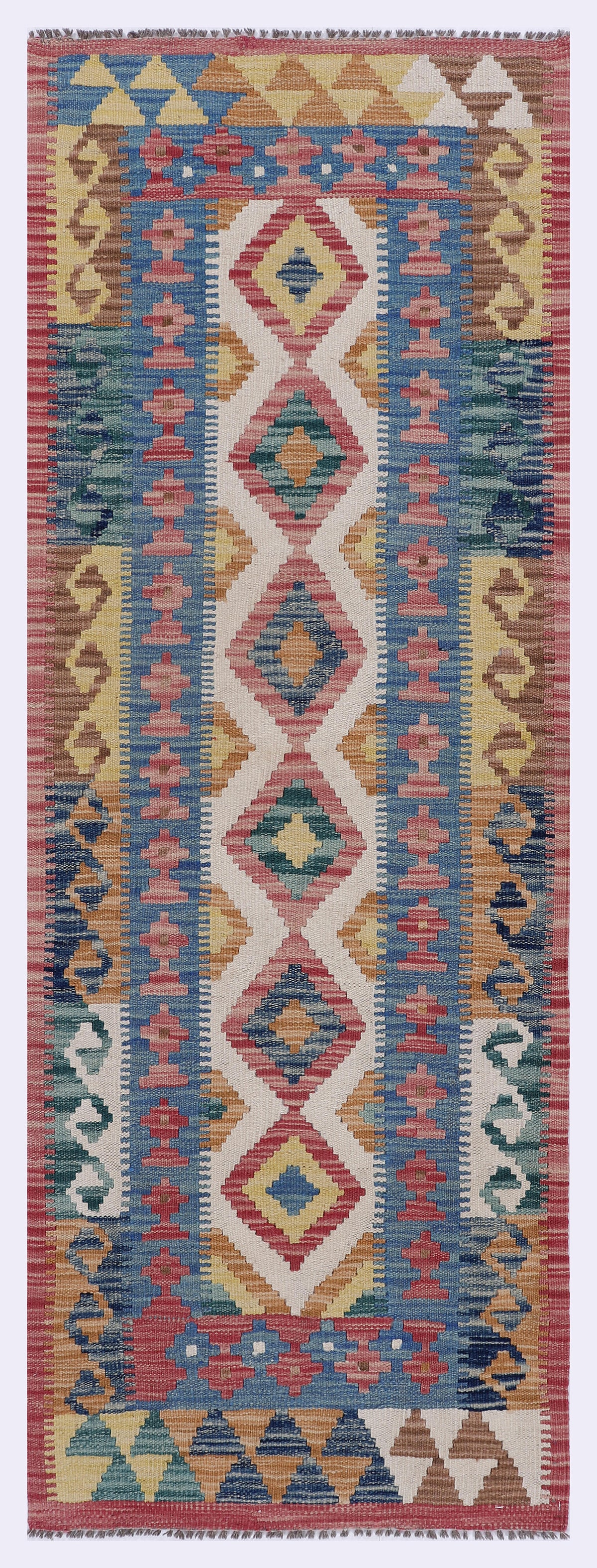 Blue kilim rug with multicolor geometric diamonds, tassel fringe, 195x70 cm