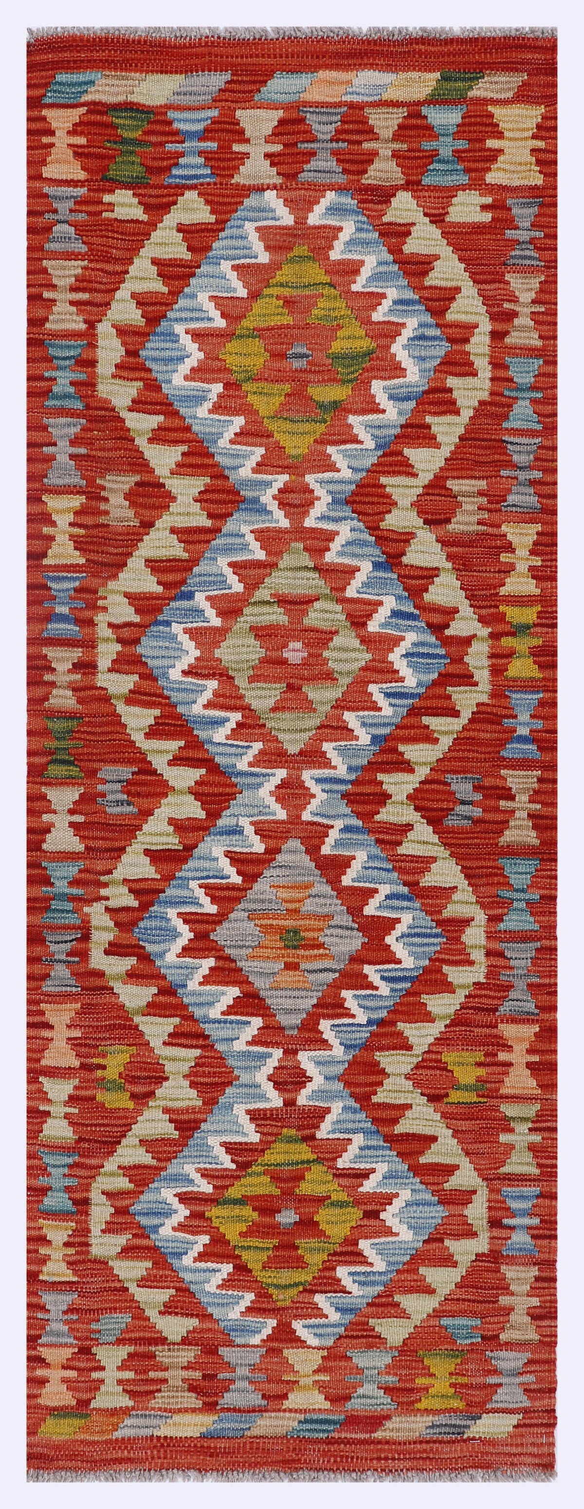 Red kilim rug with geometric pattern and multicolor accents, fringed ends, 159x58 cm