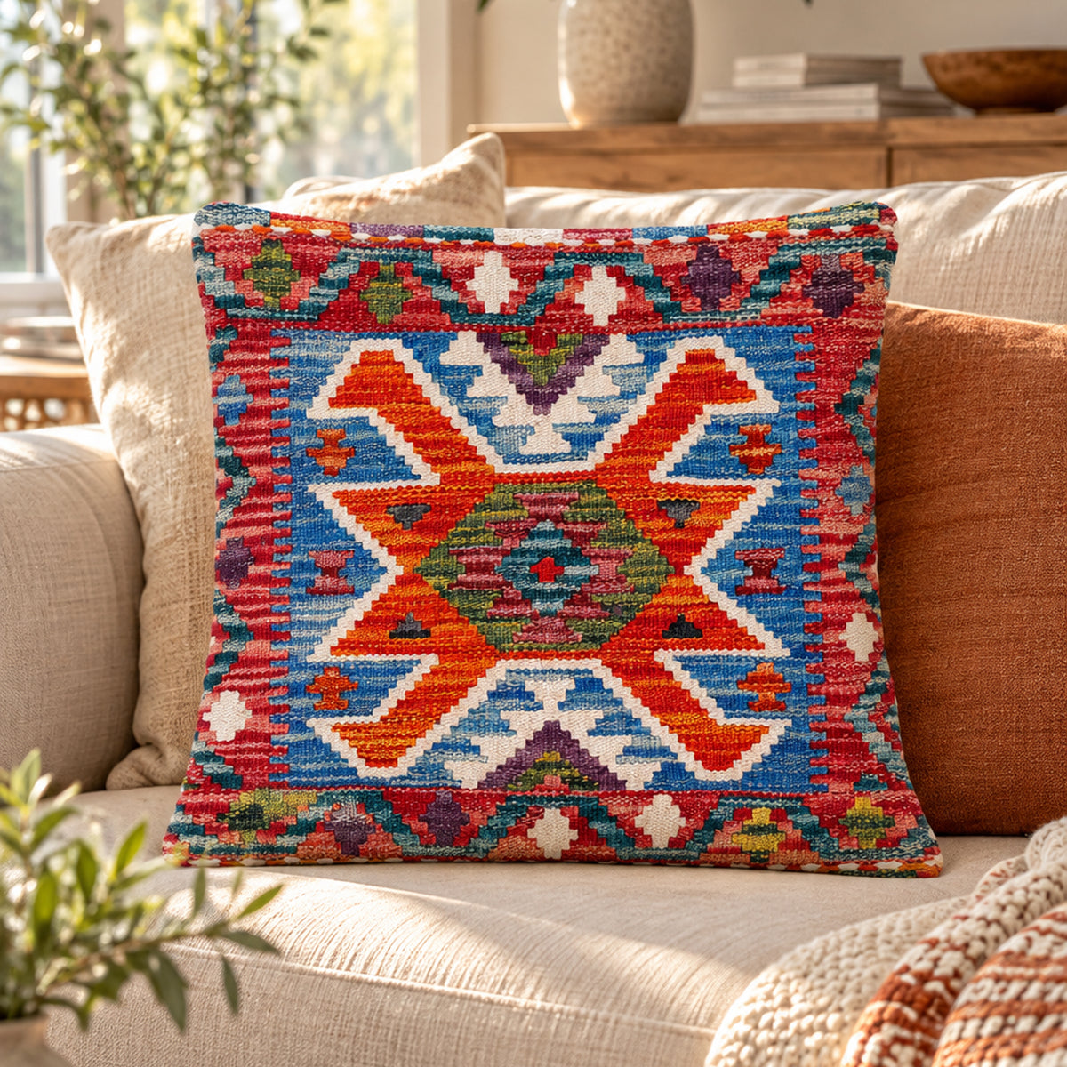 Multicolor kilim star cushion cover on a beige sofa