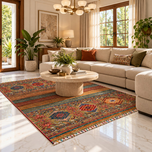 Multicolor geometric area rug with border pattern and short fringe