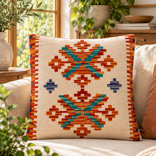 Kilim cushion cover with multicolor cross and star pattern on cream background, orange border.