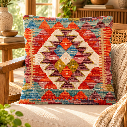 Orange, blue, and multicolor diamond kilim cushion cover, 45x45 cm, front view