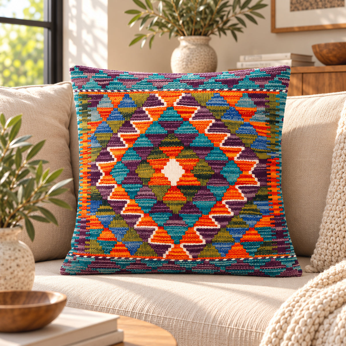 Kilim cushion cover 45x45 cm, colorful diamond kilim pattern on the front
