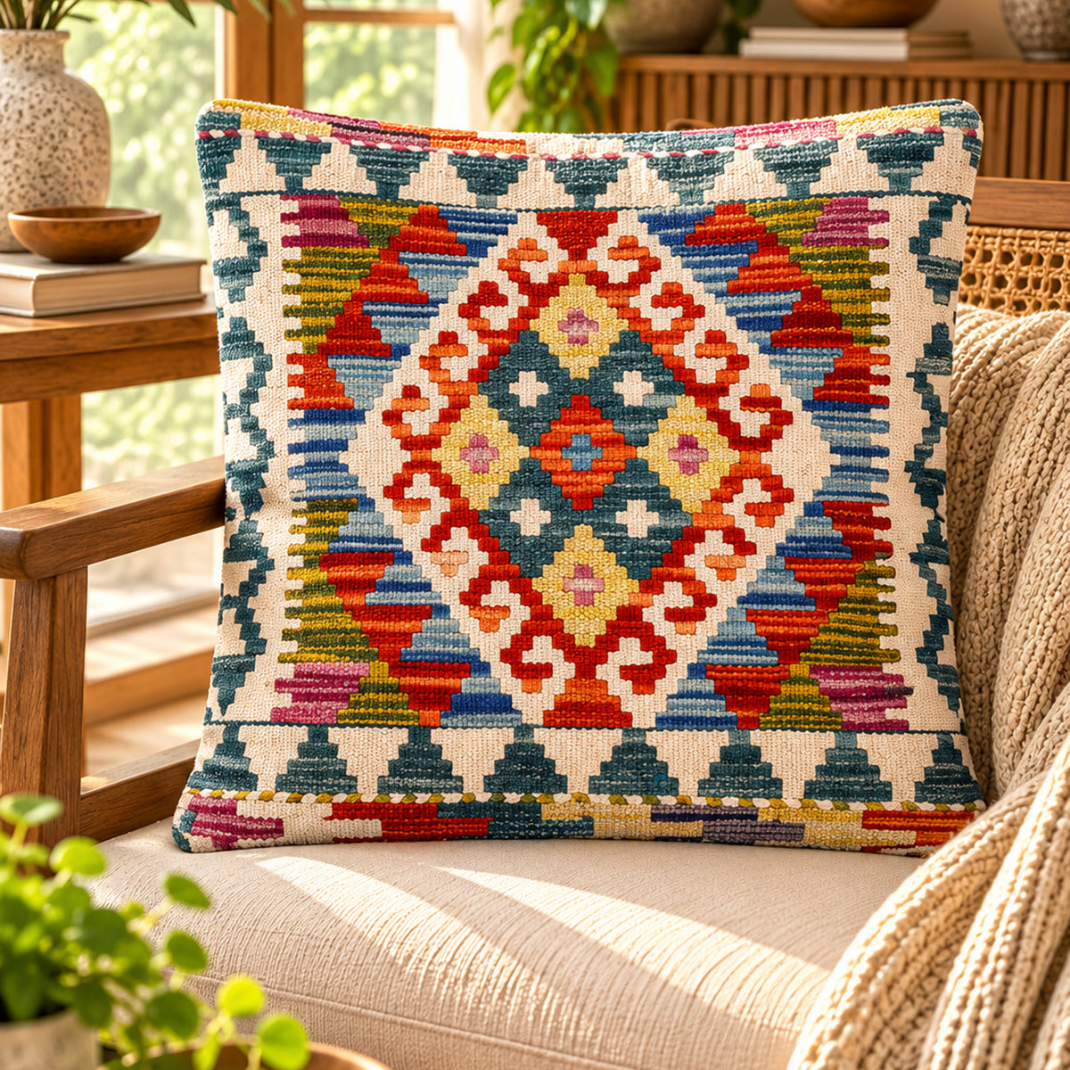 Multicolor kilim cushion cover with red orange diamond motif and teal accents