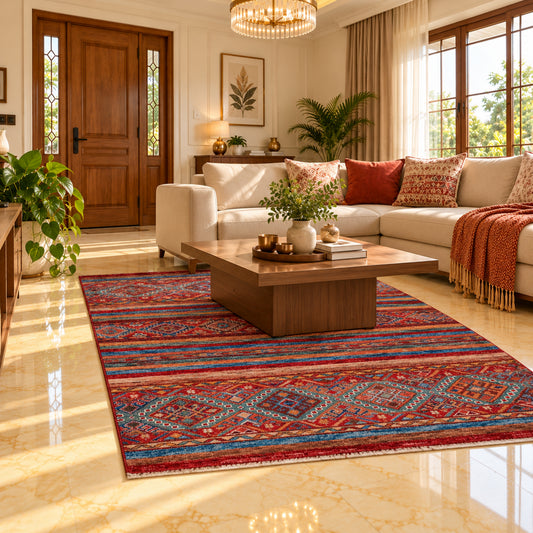 Red multicolor wool rug with geometric medallions and stripes, flat lay