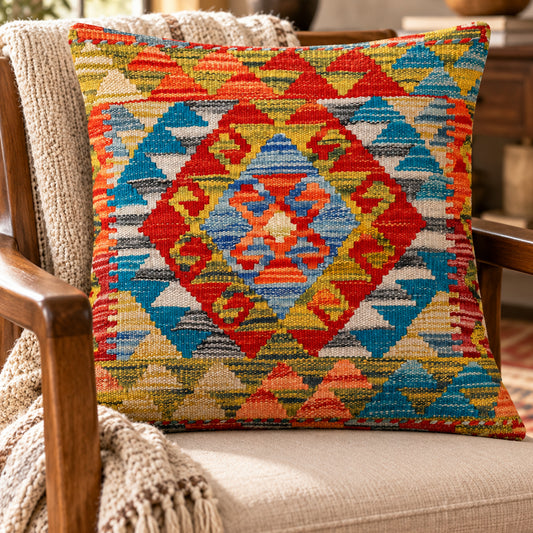 Multicolor geometric kilim cushion cover with diamond pattern, 45x45 cm