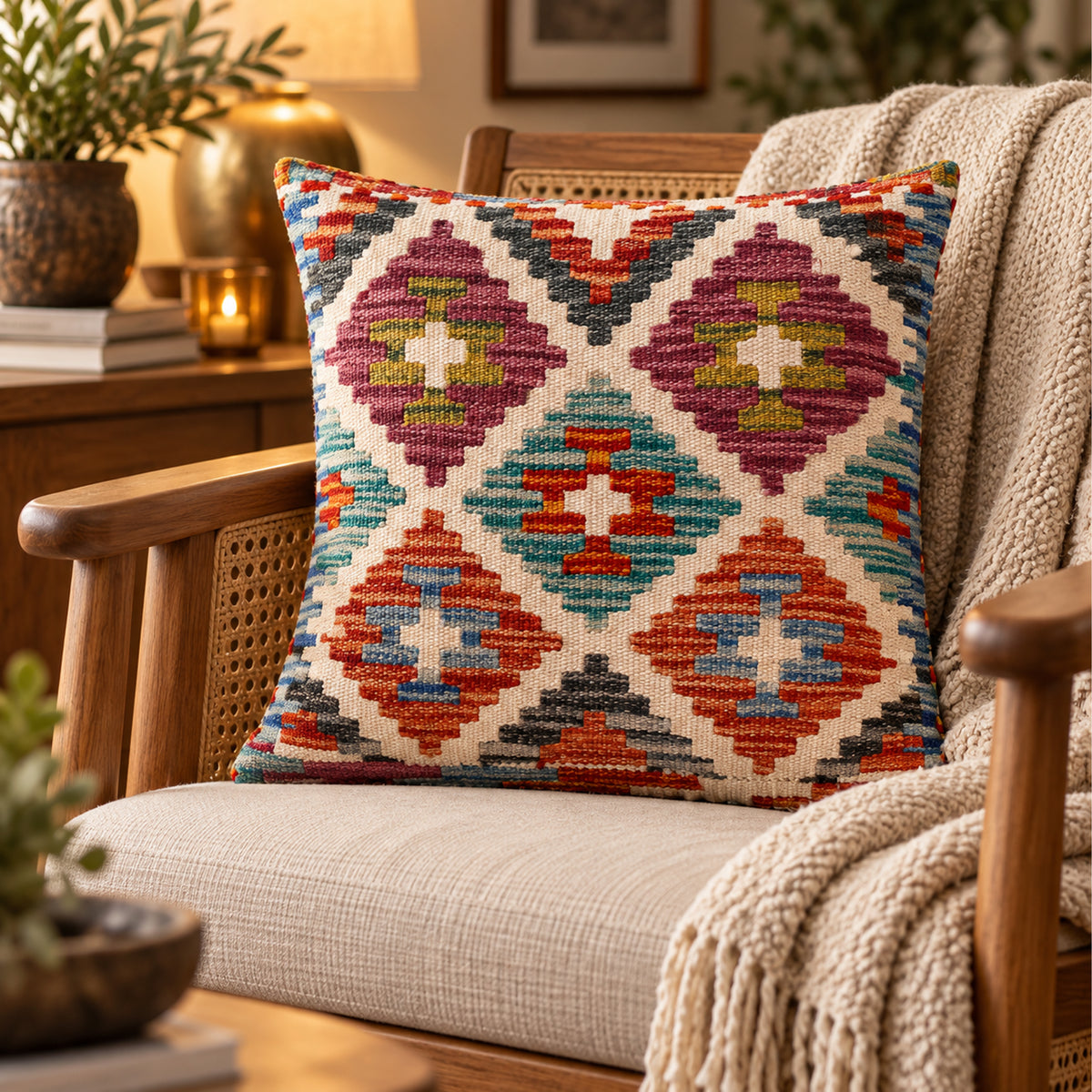 Kilim cushion 45x45 cm, multicolor geometric diamond kilim front