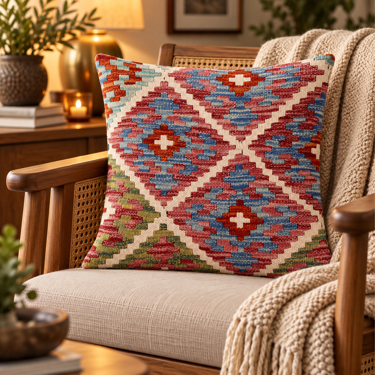 Multicolor diamond kilim cushion with geometric pattern front, square cover