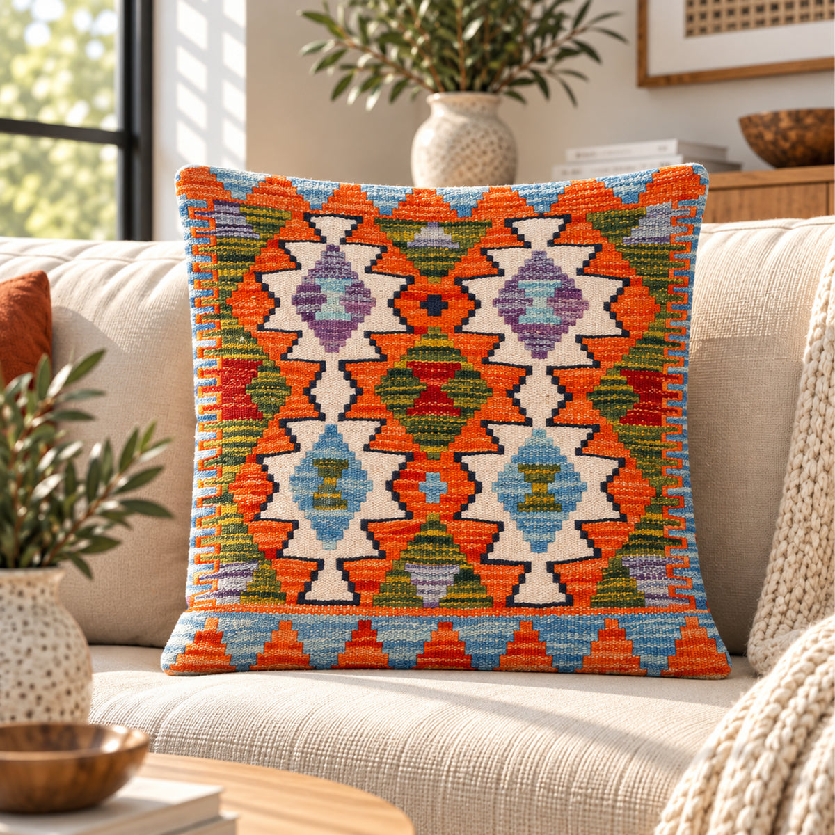 45x45 kilim cushion cover with orange, blue, and green geometric motif front