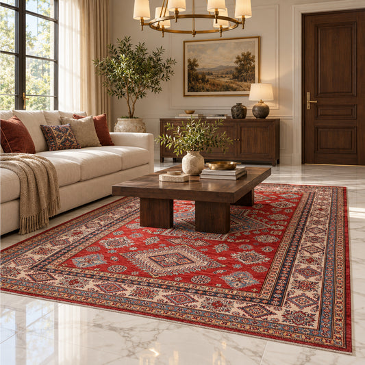 Kazak rug on floor with red field and cream geometric border