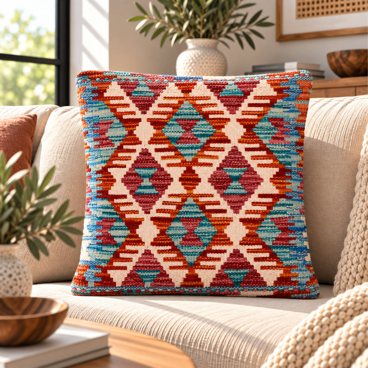 Diamond kilim cushion cover with turquoise, orange, and red geometric pattern, 45x45 cm