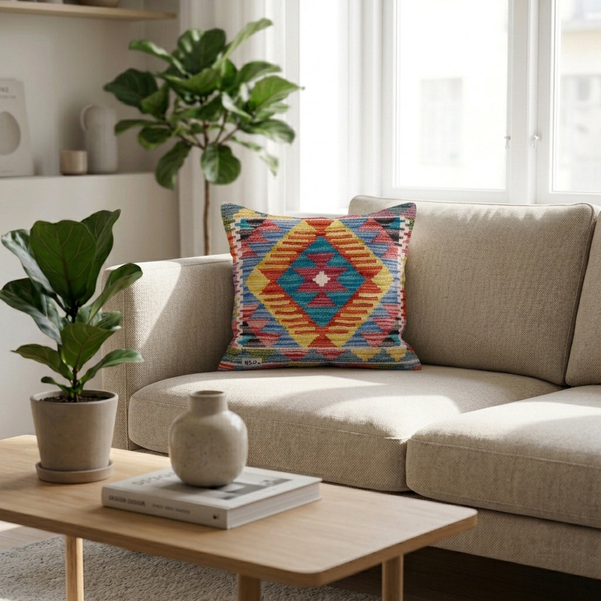 Square kilim cushion with multicolor geometric diamond pattern on a sofa