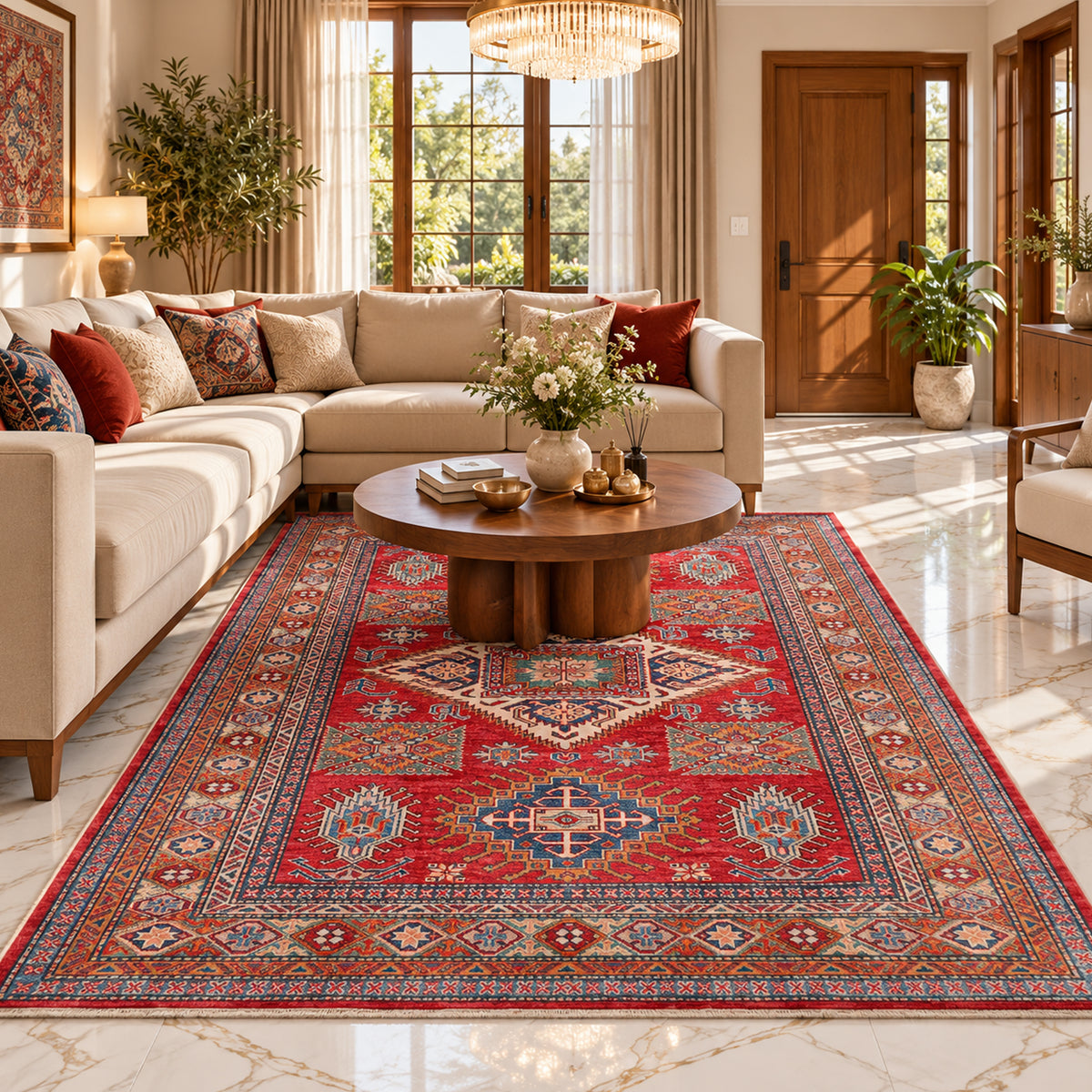 Red Kazak area rug with ornate medallion and border in blue and cream
