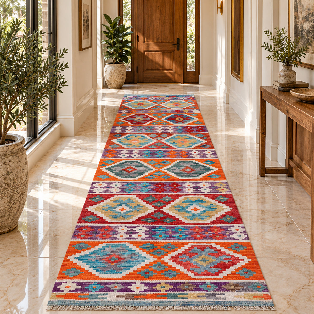Kilim runner rug with geometric orange, blue, red, and purple pattern, bordered edges