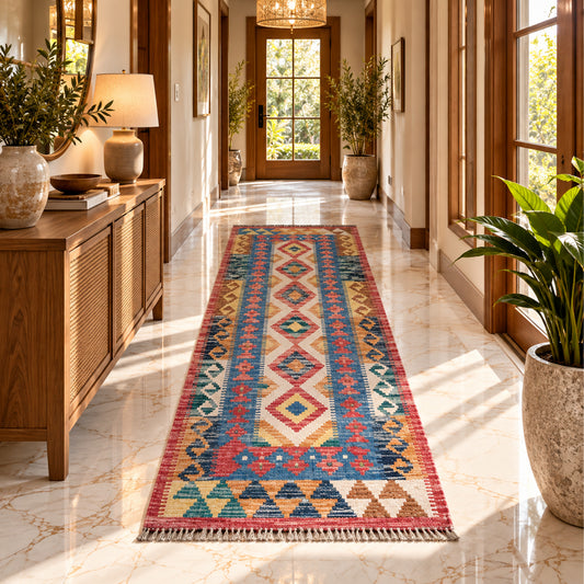 Blue kilim rug with multicolor geometric pattern, 195x70 cm, thin flatweave style