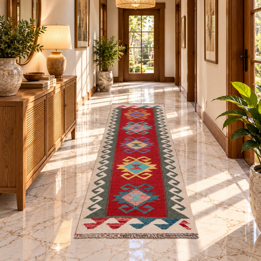 Geometric kilim rug with red, blue, beige and gray pattern, fringed edges