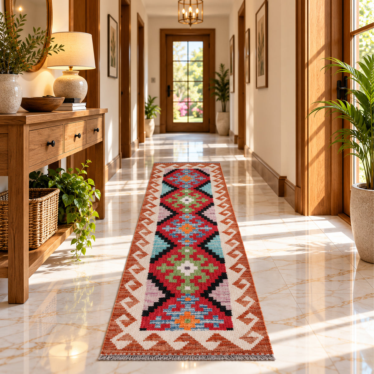 Multicolor kilim rug with repeating geometric diamonds, 145x48 cm