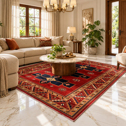 Red geometric area rug with navy and cream medallion and patterned border