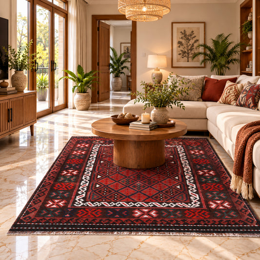 Red, black, and white kilim rug laid on floor with geometric central design