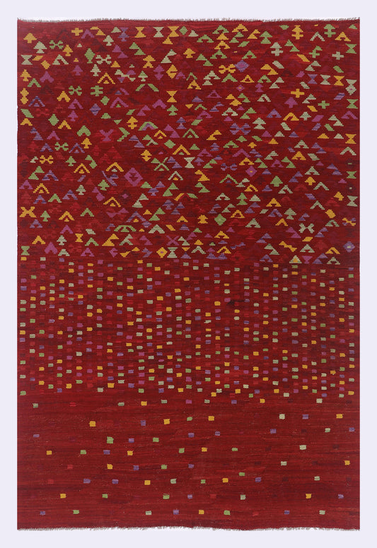 Red kilim rug with crimson mosaic geometric pattern, 293x195 cm