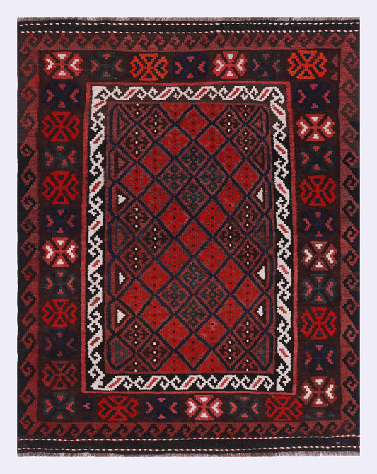 Square kilim rug with central red diamond grid, black background, white border