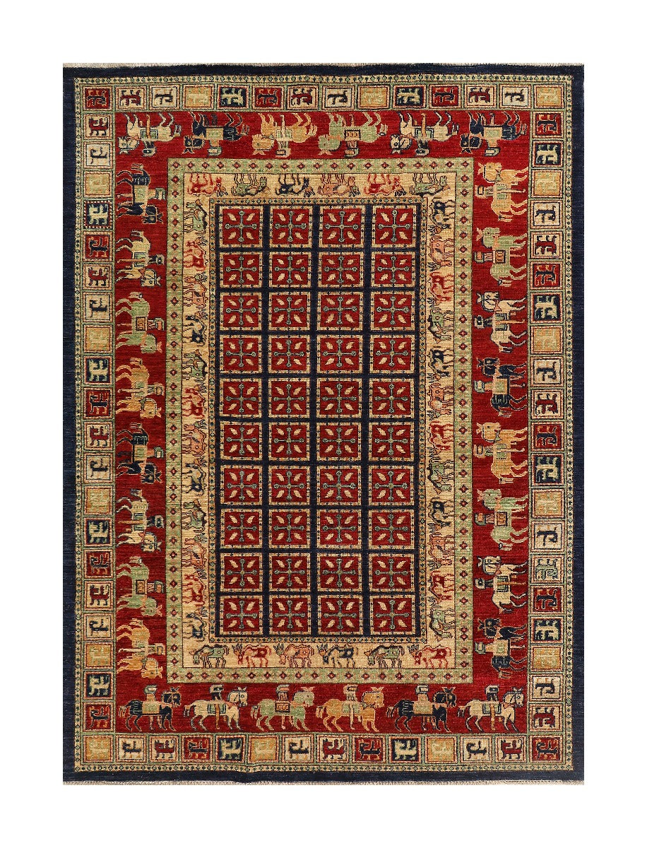 Ornate area rug with red, cream, blue geometric border and central medallion
