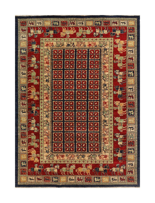Ornate area rug with red, cream, blue geometric border and central medallion
