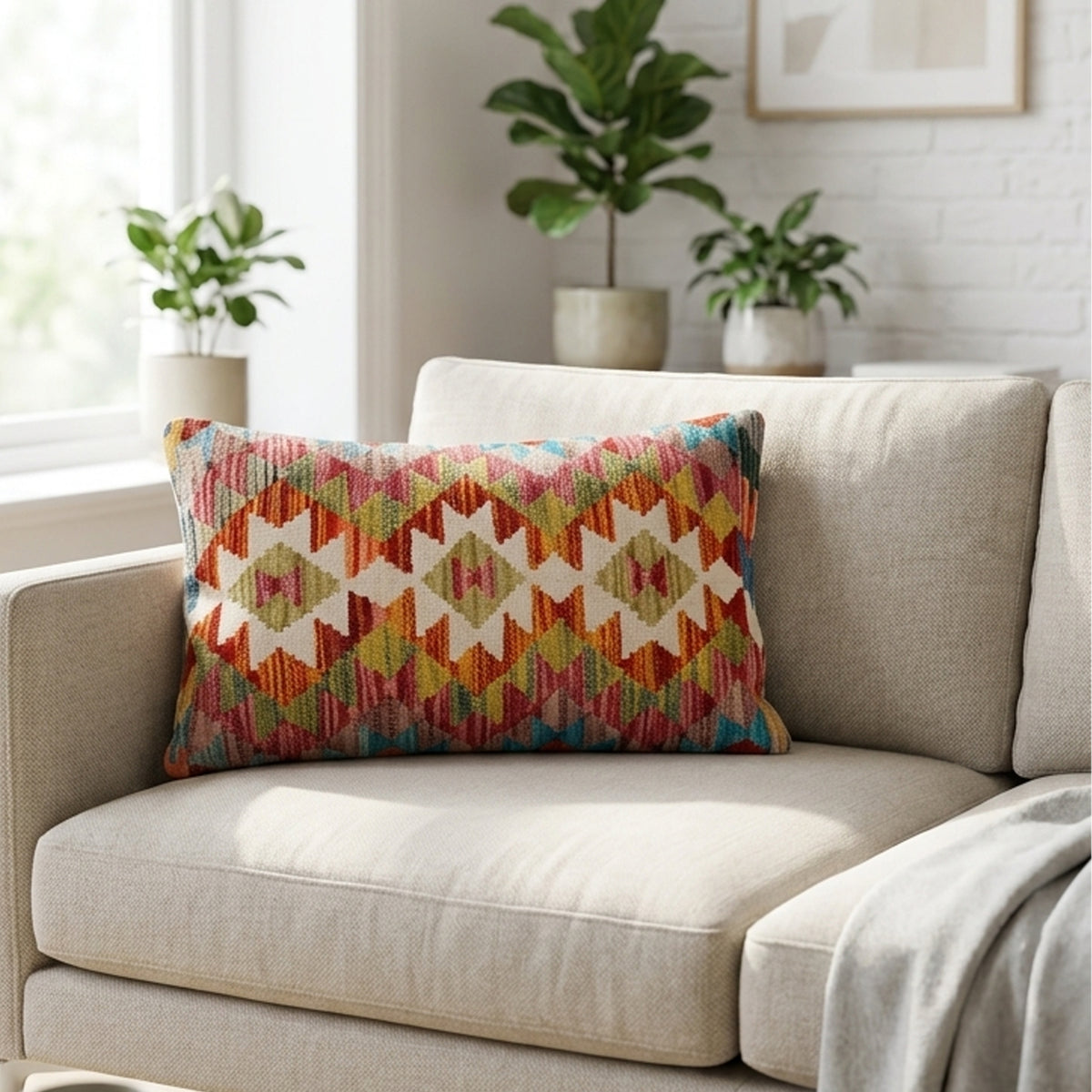 Kilim cushion cover with multicolor geometric diamond pattern, pink and green accents