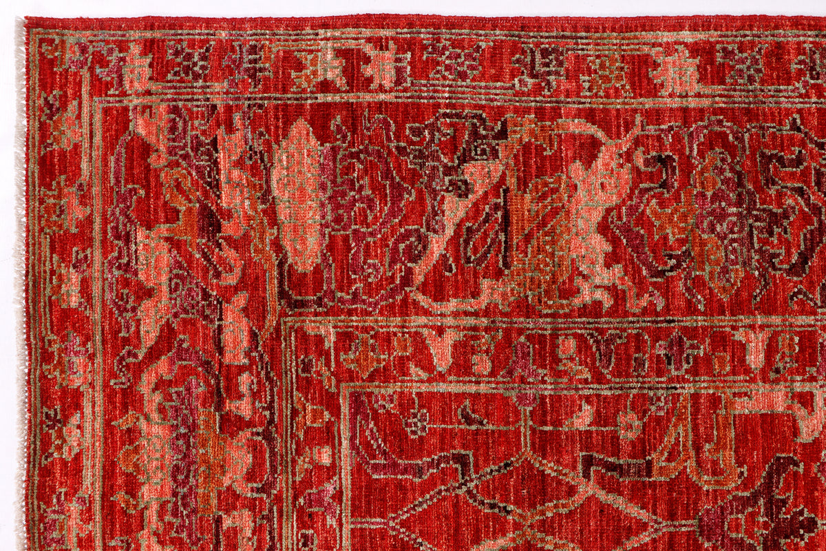 Red vintage area rug with ornate medallion and geometric border pattern.