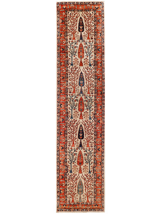 Narrow runner rug with red frame, beige center, and repeating arch motifs