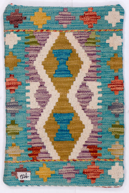 Turquoise kilim cushion cover with geometric diamond motifs, multicolor, 35x55 cm
