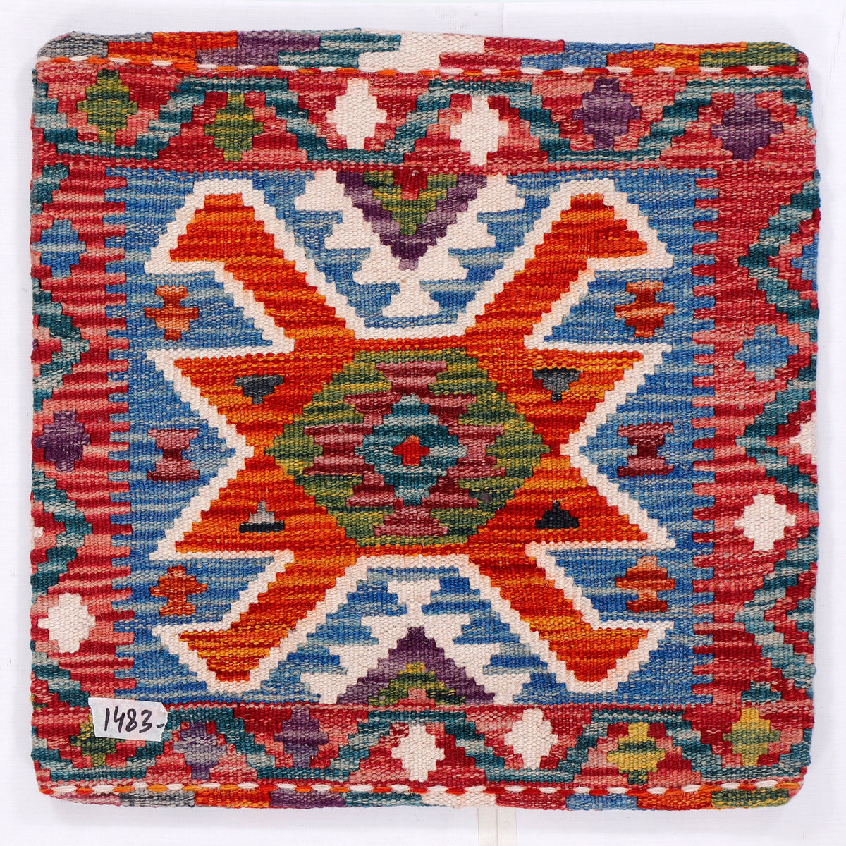 Kilim cushion cover with multicolor geometric star pattern, red-orange, blue, green